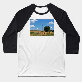 Kansas Windmill with Hay Bales and sky. Baseball T-Shirt